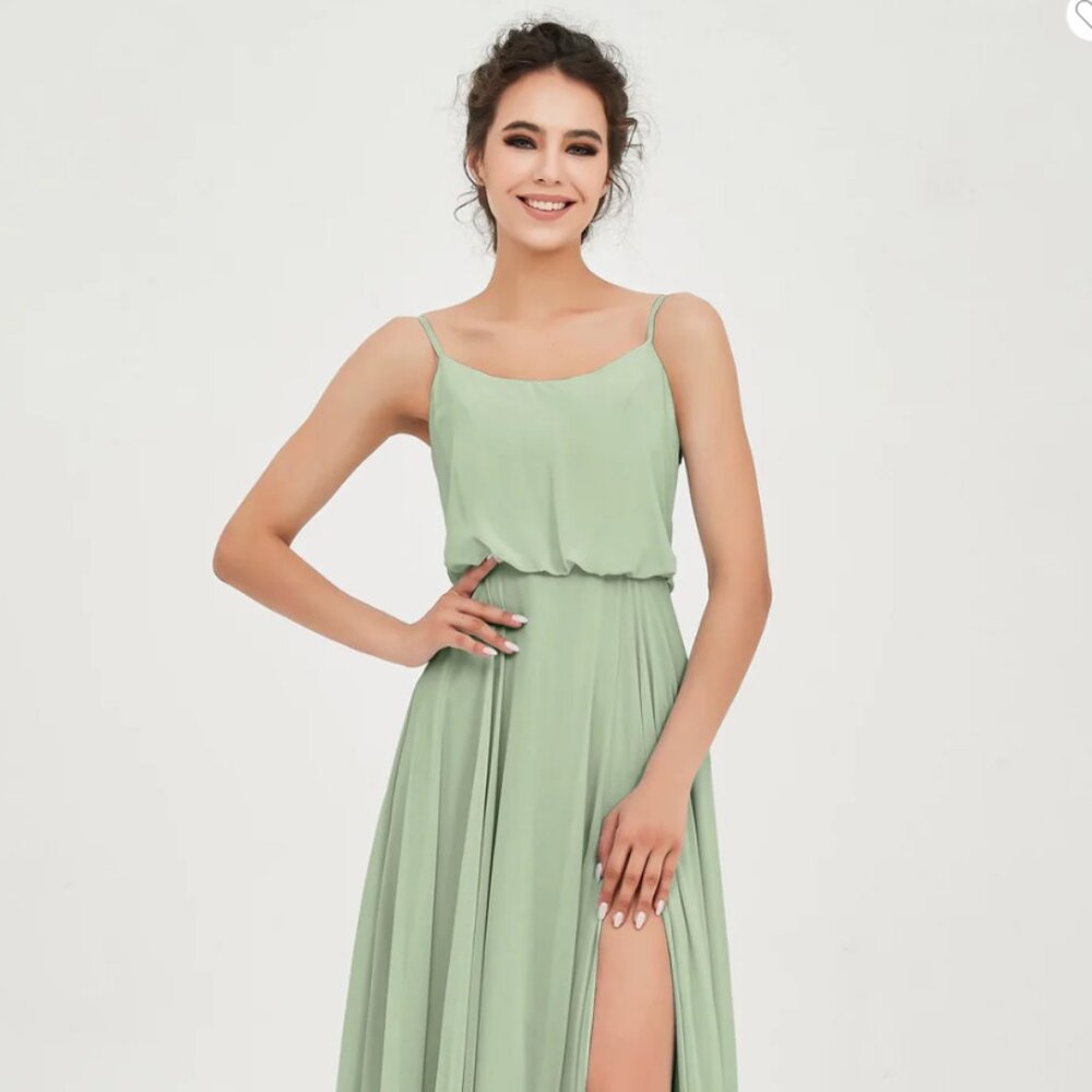 Duntery Long Bridesmaid Dress with Split - Claire in Sage Green, size 10